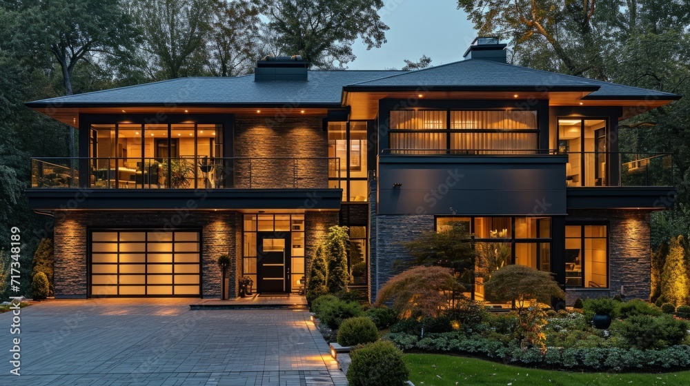 Exterior view of a smart home equipped with smart gardening systems Exterior view of a smart home equipped with smart gardening systems
