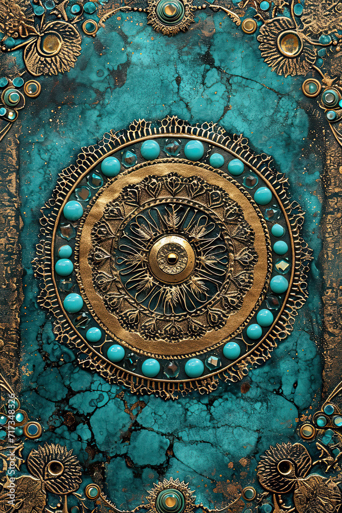 Vintage mandala with turquoise and golden accents, mystical background for tarot card cover
