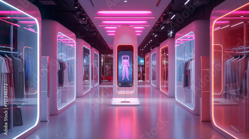 Retail in a smart world, a futuristic shopping experience with virtual fitting rooms, personalized AI shopping assistants #717348372