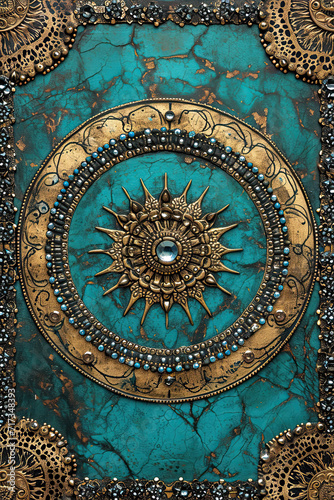 Intricate bronze mandala with turquoise accents, mystical frame background for tarot card cover