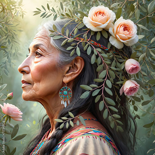 Enchanting Nature - Modern flat close up portrait design illustration of a tall older woman surrounded by floral vines Gen AI photo