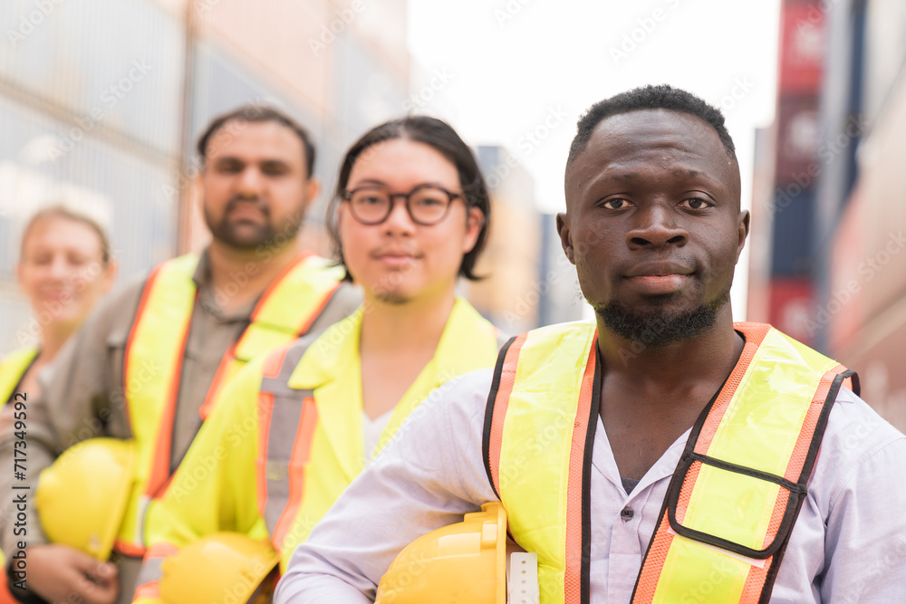 Group of diverse container yard workers at commercial dock site. Team of male and female container yard workers at work. Completed finish job. Successful of work concept Group of diverse container yard workers at commercial dock site. Team of male and female container yard workers at work. Completed finish job. Successful of work concept