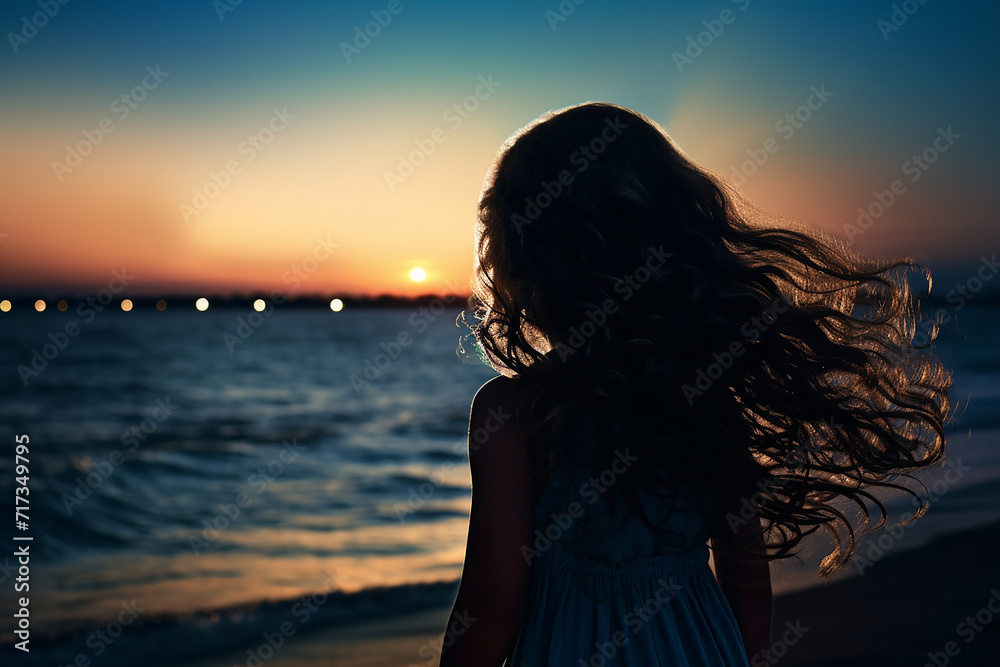 Generative AI Image of Back View of Little Girl on the Beach at Sunset