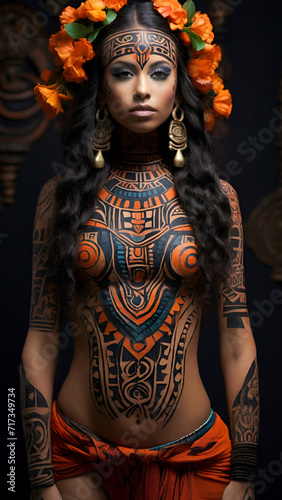 portrait of a tribe woman with full body painting showing the uniqueness of her African culture 9:16 --ar
