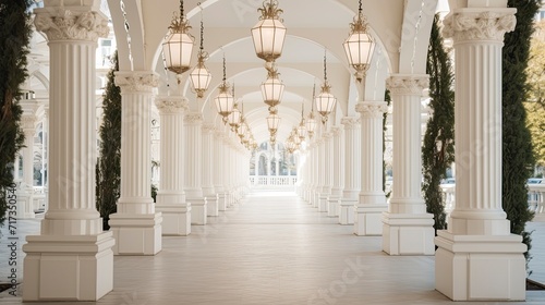 Elegant Lanterns Adorning a Classical White Arcade