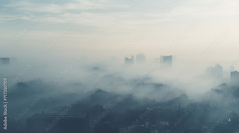 Fototapeta premium Foggy Futures A thoughtprovoking representation of the potential consequences of unchecked urban pollution, shrouding the city in an ominous haze.