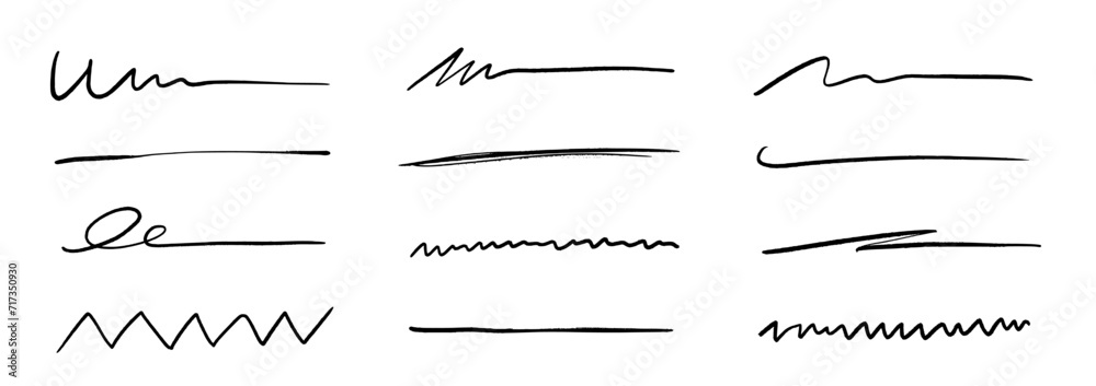 Pen underline line stroke, marker scribble. Hand drawn mark, brush drawn curve, doodle sketch vector. Pen text underline, handwritten doodle elements, lettering emphasis. Vector illustration. - obrazy, fototapety, plakaty 