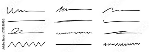 Pen underline line stroke, marker scribble. Hand drawn mark, brush drawn curve, doodle sketch vector. Pen text underline, handwritten doodle elements, lettering emphasis. Vector illustration. photo