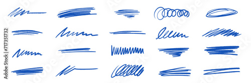 Line brush marker, pen, pencil stroke vector. Blue line brush marker scribble sketch underline. Hand drawn doodle pencil scratch mark. Scrawl texture underline effect. Vector illustration.