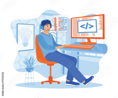 A male programmer uses headphones and a microphone in front of the computer. Developing software while working at home. Software developers concept. Flat vector illustration.