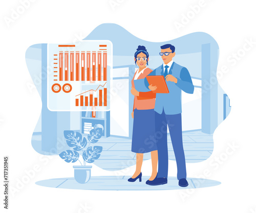 Male and female workers using tablets in modern offices. Discussing graphs on virtual screens during meetings. Software developers concept. Flat vector illustration.