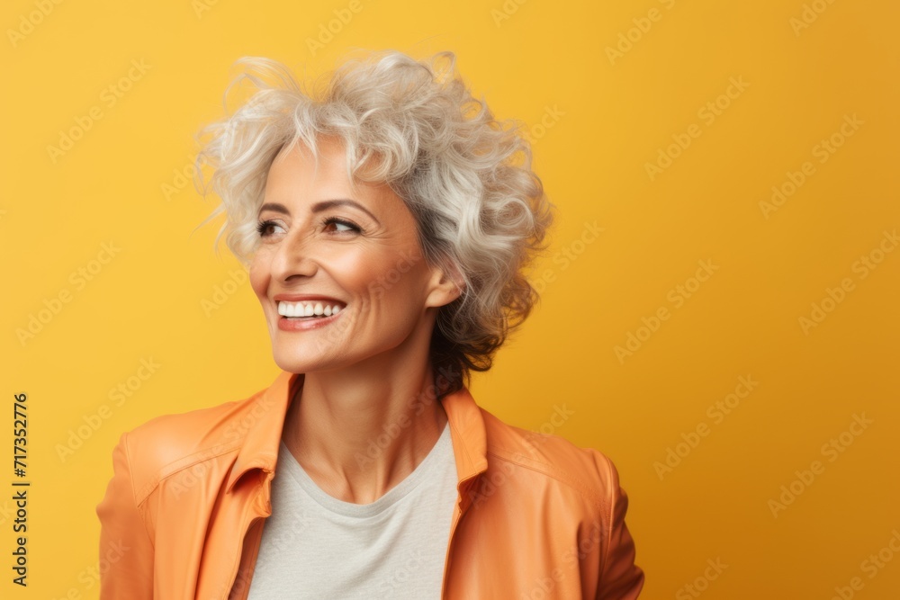 Portrait of smiling senior woman in orange jacket on yellow background. Portrait of smiling senior woman in orange jacket on yellow background.
