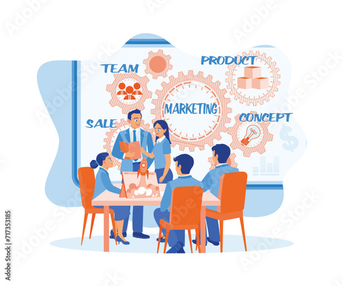 A diverse business team creates and discusses marketing plans during meetings. Marketing icons are written on the board. Marketing concept. Flat vector illustration.