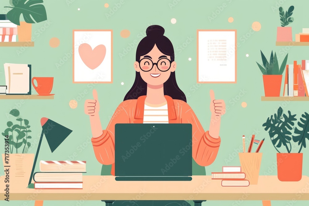a girl sitting in the desk with a laptop on her lap showing thumbs up. a girl sitting in the desk with a laptop on her lap showing thumbs up.