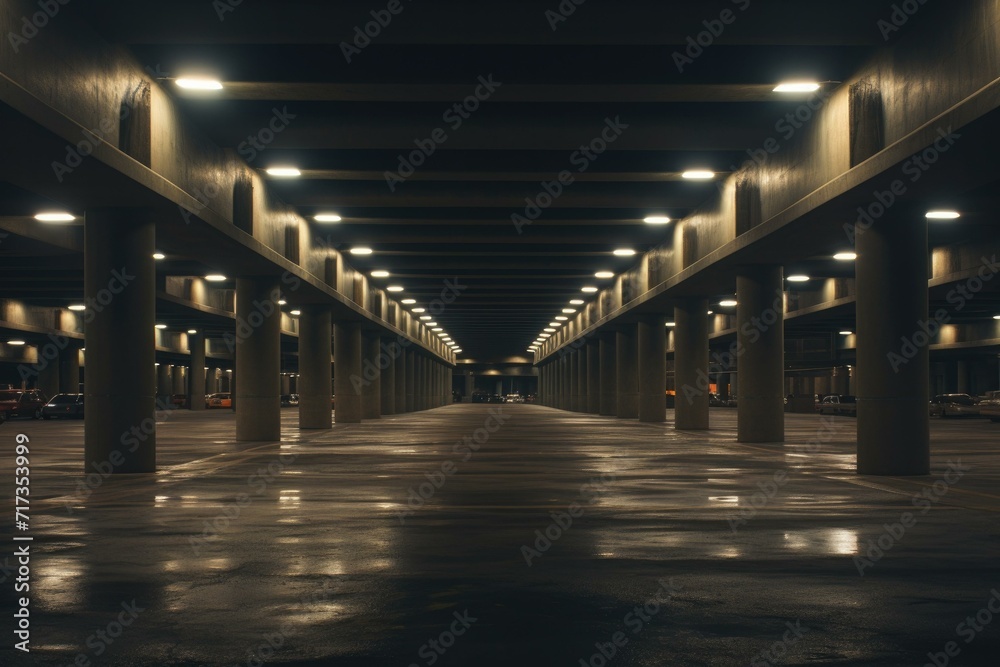 An empty parking garage with lights on. Generative AI. An empty parking garage with lights on. Generative AI.