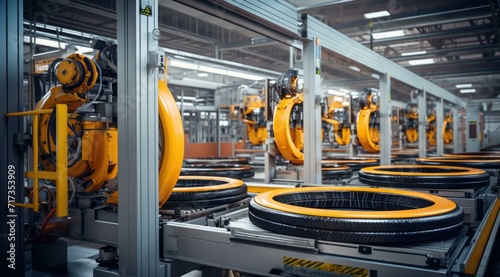 A factory with many tires on a conveyor belt. Generative AI. photo
