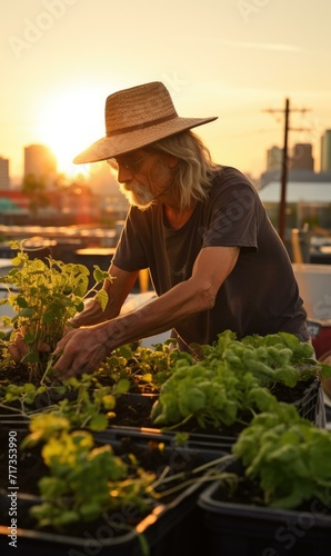 A man in a hat tending plants on a rooftop. Generative AI.