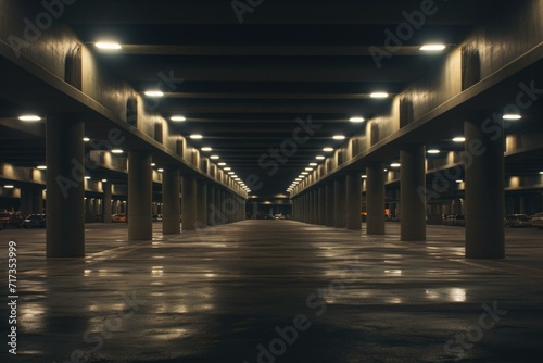 An empty parking garage with lights on. Generative AI.