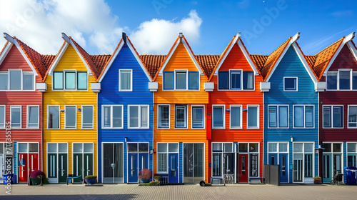 Vibrant European Village with Colorful Historic Houses under a Blue Sky