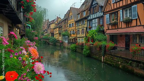 Medieval European Town by the Canal with Old Houses, Bridges, and Reflections in Water under a Sky