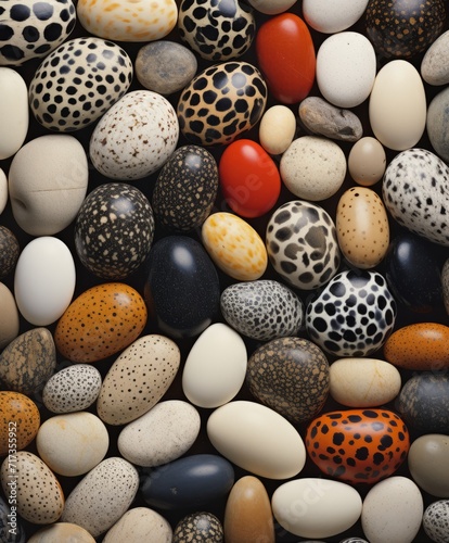 Photorealistic print of various pheasant pebbles, polka dots style, realistic usage of light and color, light white and light black, colorized, marine biology-inspired