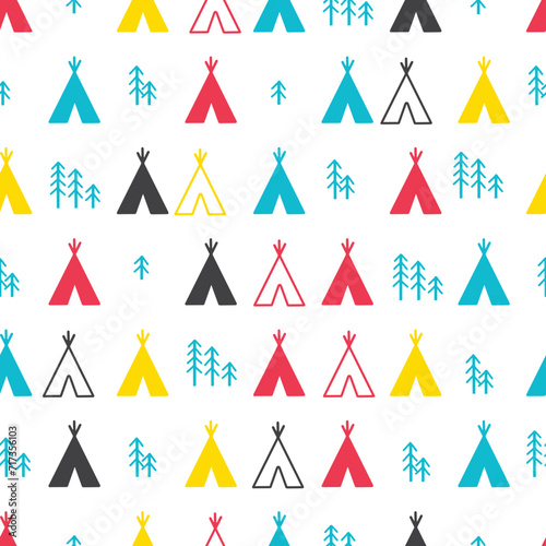 Triangle Tents and Pine Trees Outdoor Vector Pattern