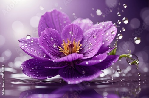 A close-up of a beautiful purple flower with dew drops.