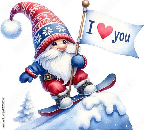 Gnome in action while taking a leap off a snowboard with text I Love You photo