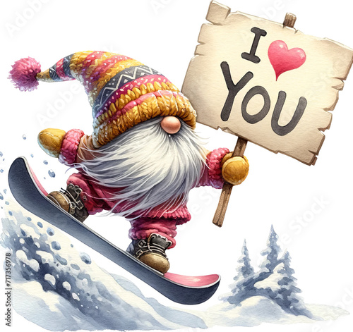 Gnome in action while taking a leap off a snowboard with text Happy Valentine's Day photo