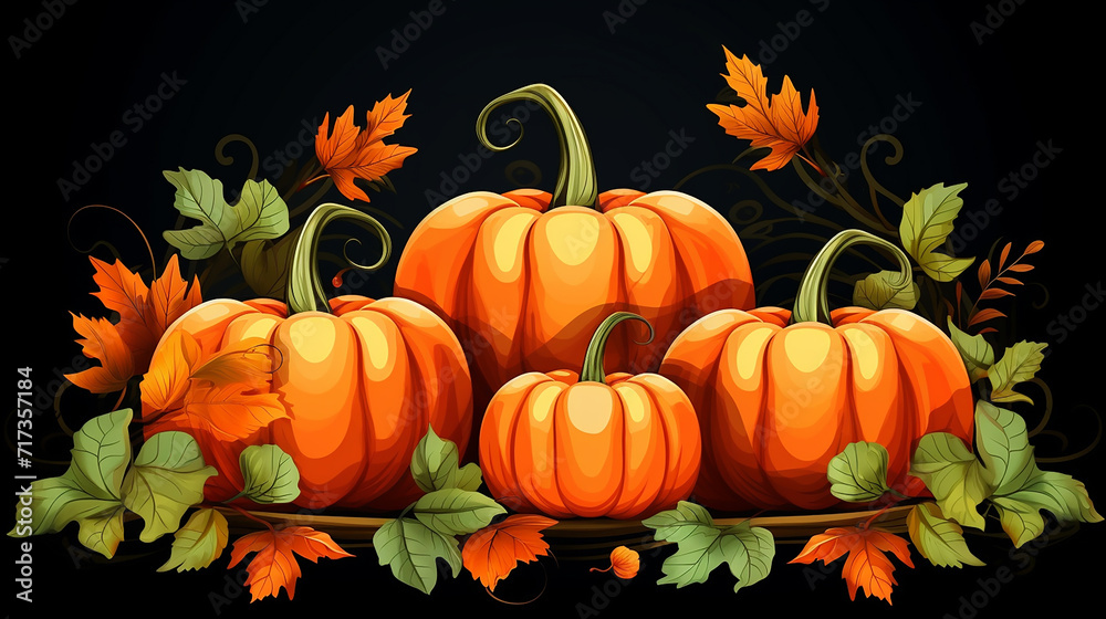 card with orange pumpkins and autumns leaves on black background card with orange pumpkins and autumns leaves on black background