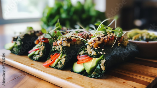 vegan nori wraps with rice hummus vegetables photo