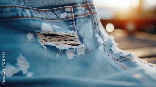 Zoomedin view of a pair of ripped light wash jeans, showcasing their distressed details and frayed hems.