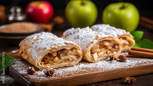 homemade apple strudel with fresh apples nuts and powdered sugar on a blue vintage wooden background