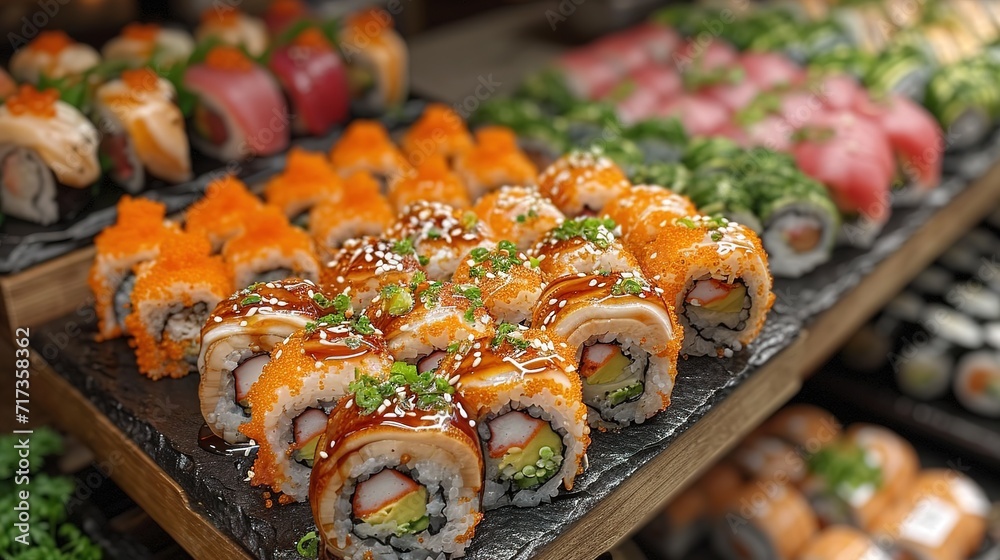 Assorted sushi nigiri and maki big set on slate. A variety of Japanese sushi with tuna Assorted sushi nigiri and maki big set on slate. A variety of Japanese sushi with tuna