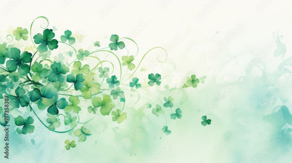 Fototapeta premium Watercolor of a St. Patrick's Day banner with intertwined shamrocks. Green illustration background. Card. Copy space.