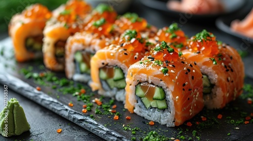 Assorted sushi nigiri and maki big set on slate. A variety of Japanese sushi with tuna