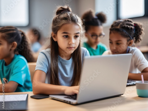 A young girl, immersed in a coding lesson, hones her tech skills while seated with a laptop.