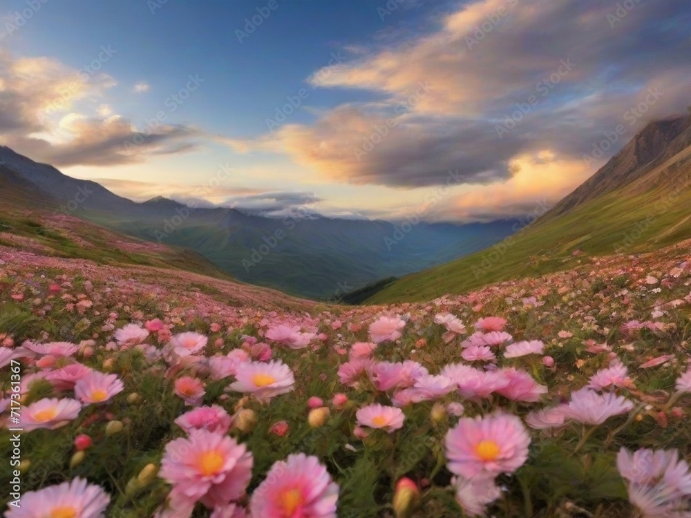 The valleys and colorful flowers are beautiful. The valleys and colorful flowers are beautiful.