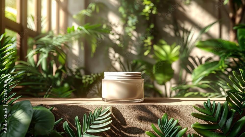 Herbal Moisturizer jar of cosmetic moisturizer cream on nature background. Organic natural ingredients beauty product among green plants. Skin care, beauty and spa product presentation, copy space. Herbal Moisturizer jar of cosmetic moisturizer cream on nature background. Organic natural ingredients beauty product among green plants. Skin care, beauty and spa product presentation, copy space.