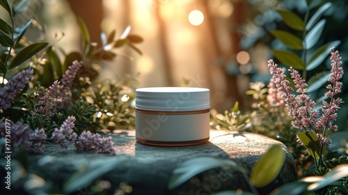 Herbal Moisturizer jar of cosmetic moisturizer cream on nature background. Organic natural ingredients beauty product among green plants. Skin care, beauty and spa product presentation, copy space. photo
