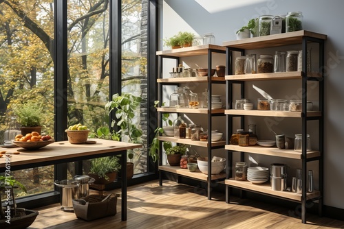 Minimalist pantry with open wire shelving, Generative AI