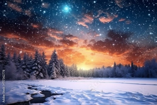 Beautiful night sky over snowy landscape, perfect for Christmas wallpaper. Generative AI © Lyra