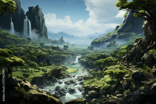 Green Paradise with Towering Trees  Rolling Hills  and a Gentle Waterfall  on an isolated Shamrock Green background  Generative AI