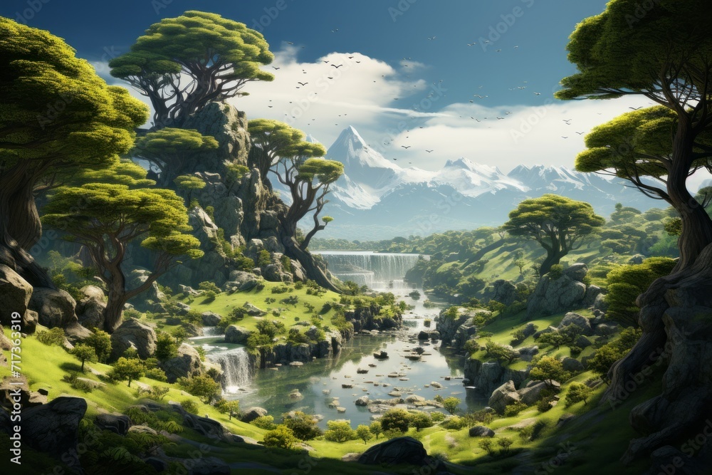 Green Paradise with Towering Trees, Rolling Hills, and a Gentle Waterfall, on an isolated Shamrock Green background, Generative AI