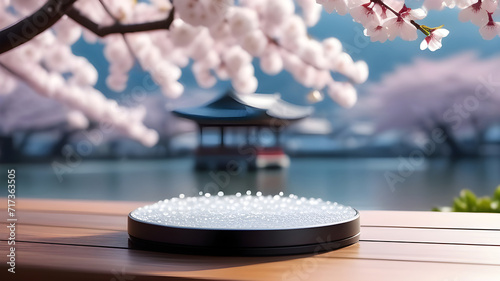 Platform, display for product presentation against the background of cherry blossoms.