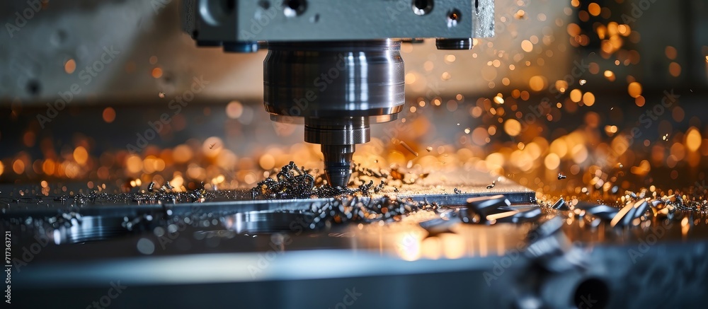 Advanced Metalworking CNC milling machine employing modern processing technology to cut metal, providing authentic shots in challenging conditions with some grain and potential blurriness due to a - obrazy, fototapety, plakaty 