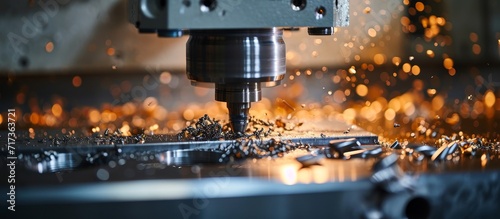 Advanced Metalworking CNC milling machine employing modern processing technology to cut metal, providing authentic shots in challenging conditions with some grain and potential blurriness due to a photo
