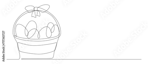 one continuous line of easter egg on the basket with ribbon. art outline vector. editable stroke.
