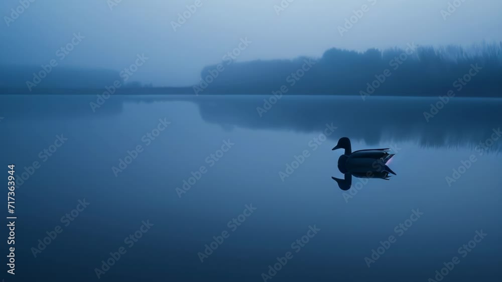 Silhouette of a duck reflected in a tranquil lake, enveloped by the calm of the morning mist
Silhouette of a duck reflected in a tranquil lake, enveloped by the calm of the morning mist
