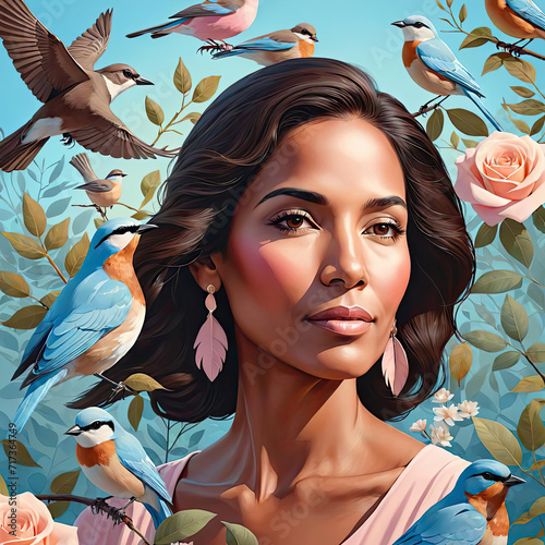 Modern Flat Close-Up Portrait Design Illustration of a Lean Dark Brown-Skin Hispanic or Latino Older Woman Surrounded by Nature and Birds Gen AI photo
